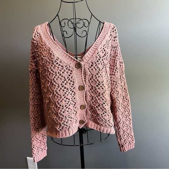 Artelier Nicole Miller Dusty Rose Cardigan Sweater with Open  Knit - Picture 1 of 7